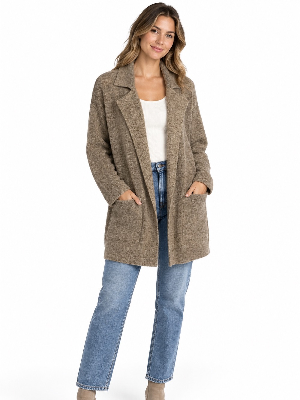 Thread & Supply Open-Front Taupe Knit Cardigan Coat